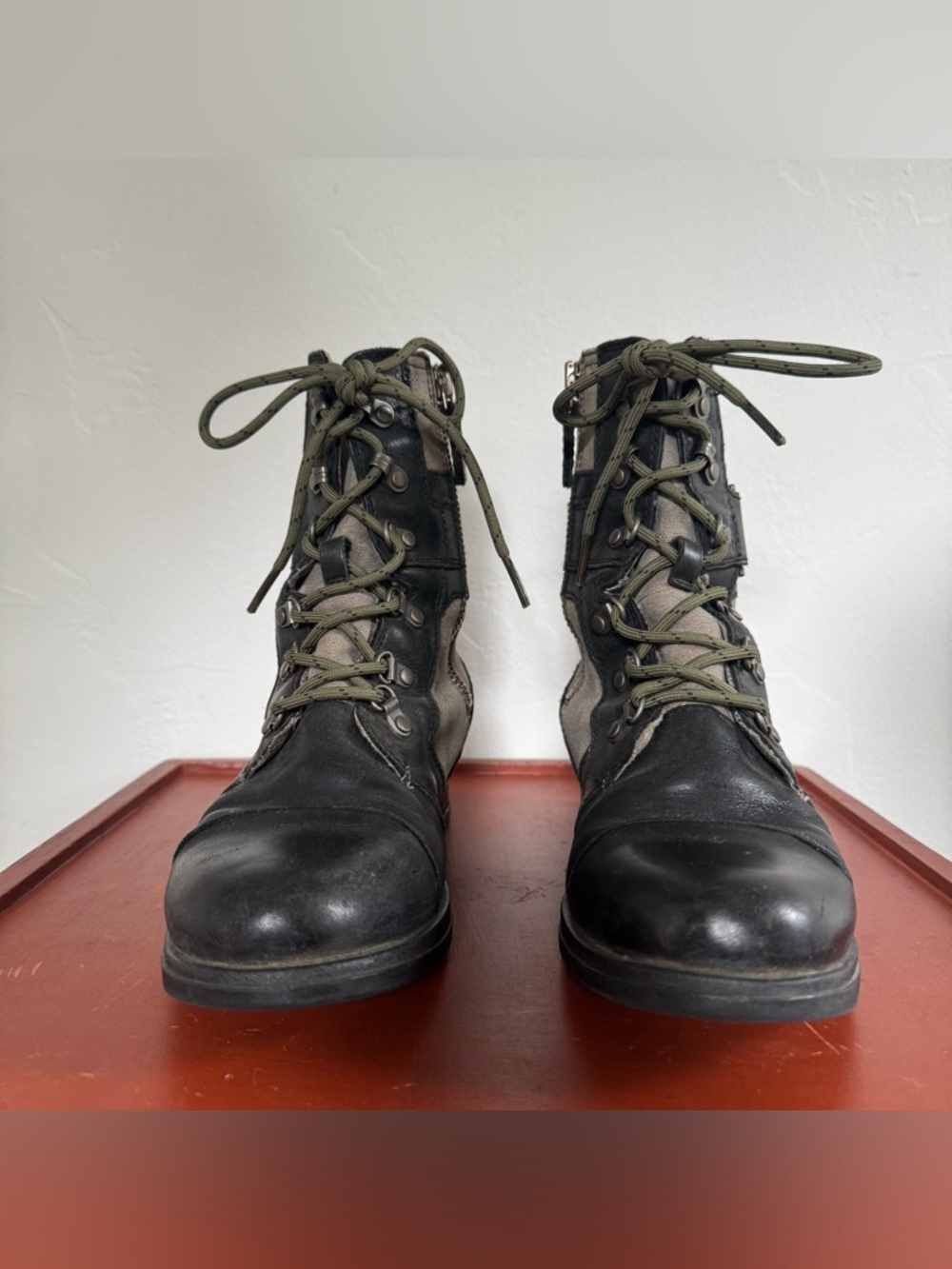 Sorel Major Carly Snow Combat Boots Leather Canvas Mid Calf Lace Up Sand Black - Picture 3 of 12